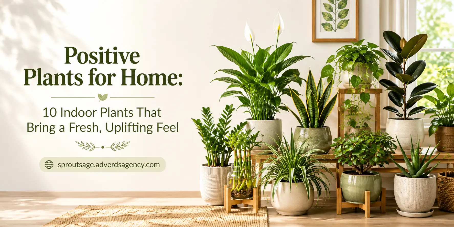 Bright modern home interior decorated with 10 lush indoor plants, creating a fresh and uplifting atmosphere.